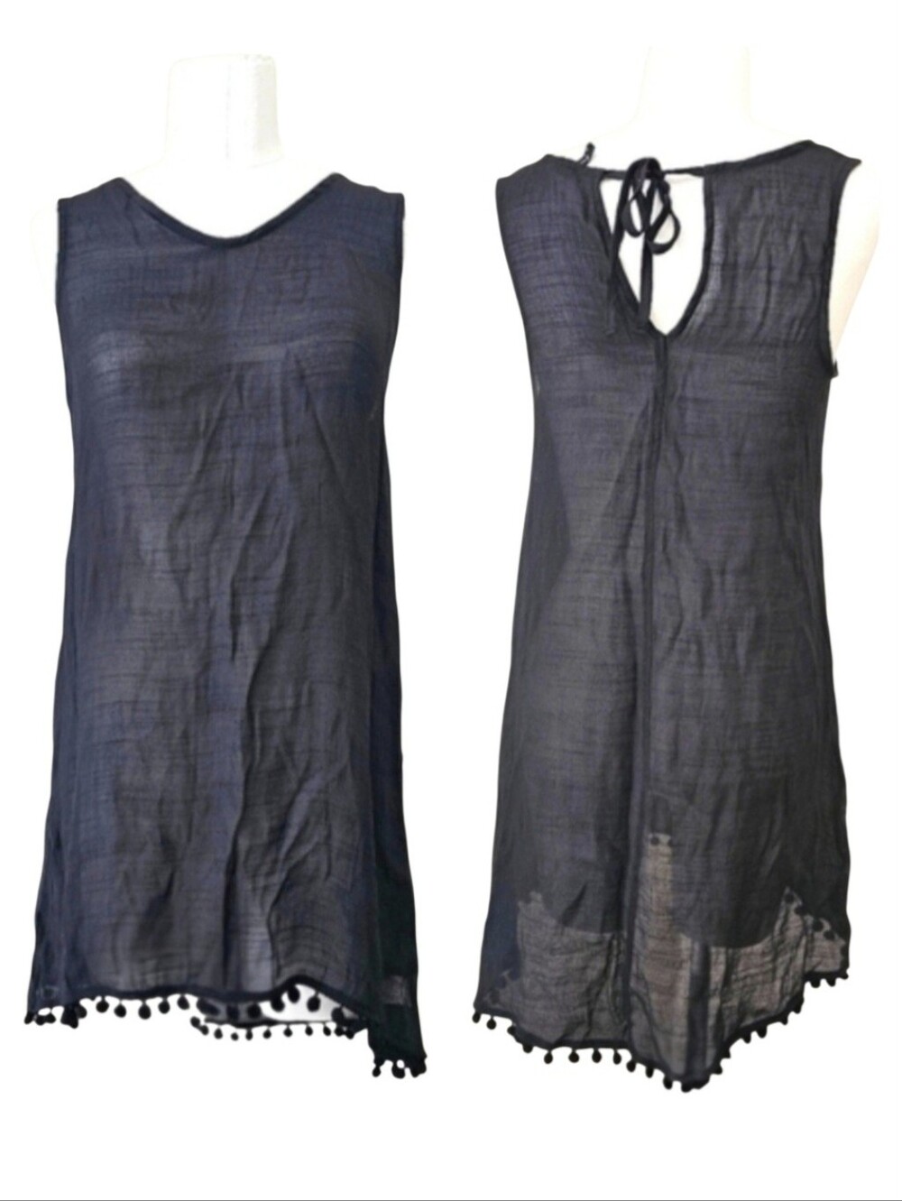 Portocruz Black Semi-Sheer Swimsuit coverup With Pom-Pom Sz M